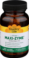 A bottle of Country Life Maxi-Zyme Extra Strength, highlighting its digestive enzyme formula for enhanced nutrient absorption — 60 capsules.