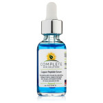 A 1 oz (30 ml) cobalt blue dropper bottle labeled "Copper Peptide Face Serum," highlighting its anti-aging properties and 12% GHK-Cu concentration.