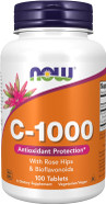 A bottle of NOW Foods Vitamin C-1000 with Rose Hips & Bioflavonoids, containing 100 tablets, labeled to highlight its antioxidant properties and immune support benefits. A bottle of NOW Foods Vitamin C-1000 with Rose Hips & Bioflavonoids, containing 100 tablets, labeled to highlight its antioxidant properties and immune support benefits.