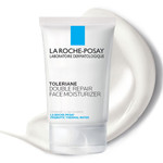 The product image showcases a 2.5 fl. oz. (75 ml) white tube of La Roche-Posay Toleriane Double Repair Face Moisturizer with a blue and white label, featuring the brand's logo and product name. The tube is designed with a flip-top cap for convenient dispensing. The product image showcases a 2.5 fl. oz. (75 ml) white tube of La Roche-Posay Toleriane Double Repair Face Moisturizer with a blue and white label, featuring the brand's logo and product name. The tube is designed with a flip-top cap for convenient dispensing.