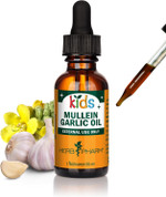 A 1 fl oz amber glass bottle labeled "Herb Pharm Kids Mullein and Garlic Oil," equipped with a dropper cap for easy application. A 1 fl oz amber glass bottle labeled "Herb Pharm Kids Mullein and Garlic Oil," equipped with a dropper cap for easy application.