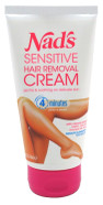 A 5.1-ounce (150ml) tube of Nad's Sensitive Hair Removal Cream, featuring a green and white design with images of melon, aloe vera, and avocado, indicating its natural ingredients.
