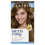 A box of Clairol Nice'n Easy Permanent Hair Color in a brown shade, featuring an image of a model with rich brown hair, highlighting the product's natural-looking color results and 100% gray coverage. A box of Clairol Nice'n Easy Permanent Hair Color in a brown shade, featuring an image of a model with rich brown hair, highlighting the product's natural-looking color results and 100% gray coverage.