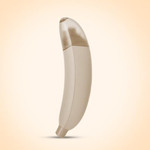 Banana-shaped, brown electric pet nail grinder with LED lights, designed for painless and quiet nail trimming for dogs and cats.