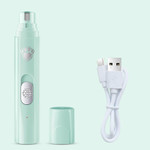 A white and green electric pet nail grinder with a sleek design, featuring a USB charging port and two-speed settings for efficient and quiet grooming of dogs and cats.​