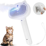 A sleek, handheld electric pet grooming brush with soft bristles and a built-in steam function, designed for efficient shedding and hair removal in cats and dogs.​