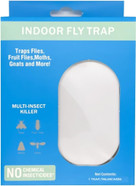 A compact, white plug-in fly trap device emitting a soft UV light, accompanied by eight adhesive glue cards, designed to attract and capture indoor flying insects. A compact, white plug-in fly trap device emitting a soft UV light, accompanied by eight adhesive glue cards, designed to attract and capture indoor flying insects.