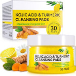 A jar containing 30 round, textured turmeric-infused cleansing pads designed for exfoliating and brightening the skin.​