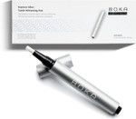 A sleek, white teeth whitening pen with a twist mechanism, labeled "Whitening Express Glow," accompanied by a smiling individual showcasing visibly whiter teeth. A sleek, white teeth whitening pen with a twist mechanism, labeled "Whitening Express Glow," accompanied by a smiling individual showcasing visibly whiter teeth.