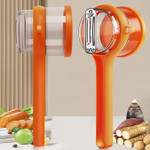 A multifunctional vegetable peeler featuring double-sided stainless steel blades and an integrated transparent container designed to collect peels, minimizing kitchen mess. A multifunctional vegetable peeler featuring double-sided stainless steel blades and an integrated transparent container designed to collect peels, minimizing kitchen mess. 
