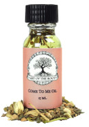 A 1/2 oz glass bottle labeled "Come to Me Oil" by Art of the Root, containing a golden-hued oil infused with visible herbs.​