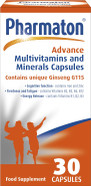 A box of Pharmaton Advance Multivitamin and Mineral Capsules containing 30 capsules. A box of Pharmaton Advance Multivitamin and Mineral Capsules containing 30 capsules.