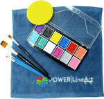 12-color oil-based face and body paint palette with four professional artist brushes. 12-color oil-based face and body paint palette with four professional artist brushes.
