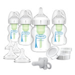 Dr. Brown's Anti-Colic Wide-Neck Feeding Set with vented bottles, slow-flow nipples, travel caps, and a silicone pacifier for a comfortable feeding experience. Dr. Brown's Anti-Colic Wide-Neck Feeding Set with vented bottles, slow-flow nipples, travel caps, and a silicone pacifier for a comfortable feeding experience.