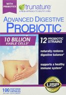 A white box labeled "TruNature Advanced Digestive Probiotic" featuring highlights such as "10 Billion Viable Cells†," "12 Probiotic Strains," and "100 Vegetarian Capsules." The packaging also notes benefits like "Helps support: Digestive health* Immune health*," and displays the USP Verified mark. A white box labeled "TruNature Advanced Digestive Probiotic" featuring highlights such as "10 Billion Viable Cells†," "12 Probiotic Strains," and "100 Vegetarian Capsules." The packaging also notes benefits like "Helps support: Digestive health* Immune health*," and displays the USP Verified mark.