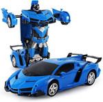 2-in-1 remote control transforming car and robot with lights, 360° rotation, and rechargeable battery—fun toy for kids aged 3+.