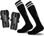 Youth soccer shin guards with matching socks, black & blue, durable protection for kids aged 9–15. Youth soccer shin guards with matching socks, black & blue, durable protection for kids aged 9–15.