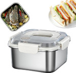 Stainless steel food containers with tight-seal lids shown filled with meals and snacks, ideal for lunch, prep, and storage.