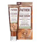 A bottle of Ambi Even & Clear Fade Serum, a hydroquinone-free dark spot corrector with retinol, hyaluronic acid, niacinamide, and ceramides for hyperpigmentation treatment. 1 fl oz.