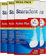 Steradent Active Plus Denture Cleaner, 544 Tablets, Plaque Remover For White Teeth, Mint Fresh, Kills 99.9% Bacteria, Care Cleansers, 136 Count, Pack Of 4 Steradent Active Plus Denture Cleaner, 544 Tablets, Plaque Remover For White Teeth, Mint Fresh, Kills 99.9% Bacteria, Care Cleansers, 136 Count, Pack Of 4