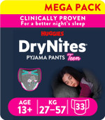 HUGGIES DryNites, Girls Teen Pyjama Pants - Sizes 8-13 Years (27 Pants) - Discrete Night Time Nappies with Exciting Designs - Maximum Protection for Teen Bed Wetting HUGGIES DryNites, Girls Teen Pyjama Pants - Sizes 8-13 Years (27 Pants) - Discrete Night Time Nappies with Exciting Designs - Maximum Protection for Teen Bed Wetting