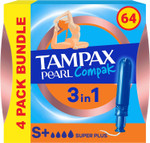 Tampax Compak Pearl Tampons, Super Plus with Applicator, 64 Tampons (16 x 4 Packs), Leak Protection and Discretion Tampax Compak Pearl Tampons, Super Plus with Applicator, 64 Tampons (16 x 4 Packs), Leak Protection and Discretion