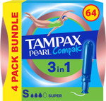 Tampax Compak Pearl Tampons, Super with Applicator, 64 Tampons (16 x 4 Packs), Leak Protection and Discretion Tampax Compak Pearl Tampons, Super with Applicator, 64 Tampons (16 x 4 Packs), Leak Protection and Discretion