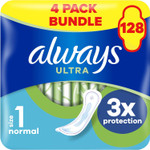 Always Ultra Sanitary Towels/Pads with Wings, Normal Size 1, Ultra Thin, 128 Towels (32 x 4 Packs), Super Saving Box, Odour Neutraliser, Super Absorbent Core Always Ultra Sanitary Towels/Pads with Wings, Normal Size 1, Ultra Thin, 128 Towels (32 x 4 Packs), Super Saving Box, Odour Neutraliser, Super Absorbent Core