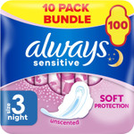 Always Sensitive Ultra Night Sanitary Towels with Wings, Size 3, 100 Towels (10 x 10 Packs), Saving Box, Odour Neutraliser, Super Absorbent Core Always Sensitive Ultra Night Sanitary Towels with Wings, Size 3, 100 Towels (10 x 10 Packs), Saving Box, Odour Neutraliser, Super Absorbent Core