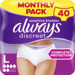 Always Discreet Incontinence Pants Women Large, UK Size 16-22, White, Absorbency 5, 40 Disposable Underwear , Knickers (10 x 4 Packs), Heavy Bladder Leak Protection , Maternity Postpartum Pants Always Discreet Incontinence Pants Women Large, UK Size 16-22, White, Absorbency 5, 40 Disposable Underwear , Knickers (10 x 4 Packs), Heavy Bladder Leak Protection , Maternity Postpartum Pants