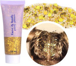 Beliky Girl Body Glitter Gel, 50ML Face Glitters Body Gel Sequins Shimmer Liquid Eyeshadow, Mermaid Sequins Liquid Holographic Glitter Gel, Chunky Glitter for Face Hair Nails (Gold)