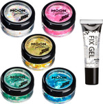 Iridescent Chunky Glitter by Moon Glitter - Set of 5 colours + Fix Gel - Cosmetic Festival Makeup Glitter for Face, Body, Nails, Hair, Lips - 3g Iridescent Chunky Glitter by Moon Glitter - Set of 5 colours + Fix Gel - Cosmetic Festival Makeup Glitter for Face, Body, Nails, Hair, Lips - 3g