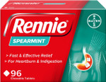 Rennie Spearmint Flavour Antacid, Heartburn and Indigestion Chewable Tablets, 1 pack of 96 tablets - Gets to work in 60 seconds for fast and effective heartburn relief Rennie Spearmint Flavour Antacid, Heartburn and Indigestion Chewable Tablets, 1 pack of 96 tablets - Gets to work in 60 seconds for fast and effective heartburn relief