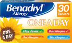 Benadryl Allergy One A Day 10 Mg Tablets - Effective and Long-Lasting Relief from Hay Fever, Pet, Skin and Dust Allergies - 30 Count Benadryl Allergy One A Day 10 Mg Tablets - Effective and Long-Lasting Relief from Hay Fever, Pet, Skin and Dust Allergies - 30 Count