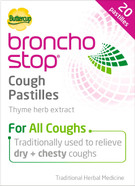 Bronchostop Cough Pastilles (20 Pastilles) - Relief for All Cough Types Including Chesty & Dry Coughs - Non Drowsy Anti Mucus Formula with Traditional Thyme Herb Extract Bronchostop Cough Pastilles (20 Pastilles) - Relief for All Cough Types Including Chesty & Dry Coughs - Non Drowsy Anti Mucus Formula with Traditional Thyme Herb Extract