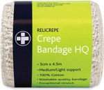 Reliance Medical Relicrepe Crepe Bandage HQ - Washable and Stretchable, Suitable for Treating Sprains, Strains and Minor Aches, 100 Percent Cotton, 5 cm x 4.5 m,Pack of 10 Reliance Medical Relicrepe Crepe Bandage HQ - Washable and Stretchable, Suitable for Treating Sprains, Strains and Minor Aches, 100 Percent Cotton, 5 cm x 4.5 m,Pack of 10
