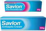 Savlon Antiseptic Cream (1 x 100g) and Scar Prevention Gel (1 x 50g), Fast-Acting Relief, Soothing, Healing, Reduces Swelling and Discomfort, Essential First Aid Bundle (Pack of 2) Savlon Antiseptic Cream (1 x 100g) and Scar Prevention Gel (1 x 50g), Fast-Acting Relief, Soothing, Healing, Reduces Swelling and Discomfort, Essential First Aid Bundle (Pack of 2)