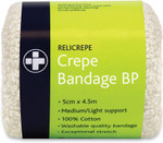 Reliance Medical Relicrepe White BP Grade Crepe Bandage, 100 Percent Cotton, Ideal for Sprains and Minor Aches, Washable and Stretchable, 5 cm x 4.5 m, Pack of 10 Reliance Medical Relicrepe White BP Grade Crepe Bandage, 100 Percent Cotton, Ideal for Sprains and Minor Aches, Washable and Stretchable, 5 cm x 4.5 m, Pack of 10