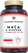 Maca Root + Ginseng + L Arginine. Triple Energy. Zinc + Vitamin C & B. Increases Sports Performance. Reduces Tiredness and Fatigue. Antioxidant. 120 Capsules. CE, Vegan. N2 Natural Nutrition Maca Root + Ginseng + L Arginine. Triple Energy. Zinc + Vitamin C & B. Increases Sports Performance. Reduces Tiredness and Fatigue. Antioxidant. 120 Capsules. CE, Vegan. N2 Natural Nutrition