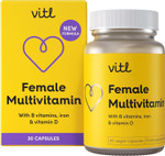 Vitl Female Multivitamin & Minerals Supplement - 30 Vegan Capsules - 21 Essential Active Vitamins & Minerals - with Vitamin D3, Vitamin B, Vitamin C, Vitamin E, Folic Acid & Iron - 1 Month Supply