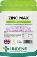 Lindens Zinc Max Tablets - 90 Pack - Provides 300% Nrv Dose, Fortified with Vitamin C & Copper to Contribute Towards Healthy Hair, Skin, Nails, Vision & Hormone Balance - UK Made, Letterbox Friendly