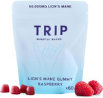 TRIP Lions Mane Gummies, Raspberry, High Strength, 60,000MG Lions Mane per Pack (60 Gummies), Focus Supplement, Vegan, Sugar-Free & 3rd Party Tested