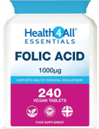 Health4All Folic Acid 1000mcg, 240 Tablets 8 Months Supply, Supports Healthy Prenatal Development, Reduce Tiredness & Fatigue, Normal Immune Response, High Strength Vegan Vitamin B9 | Made in UK