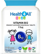 Kids Vitamin B12 2.5mcg Sublingual 180 Tablets (V) Vegan Methylcobalamin Chewable Tablets for Children. Orange Flavoured. Made in The UK by Health4All Kids Vitamin B12 2.5mcg Sublingual 180 Tablets (V) Vegan Methylcobalamin Chewable Tablets for Children. Orange Flavoured. Made in The UK by Health4All