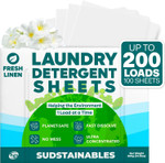 Sudstainables Laundry Detergent Sheets (200 Loads)  Eco-Friendly, Zero Waste, Plastic-Free Laundry Washing Machines Soap Sheets; Dissolvable, Space-Saving Strips For Travel (Fresh Linen)