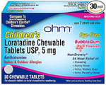Ohm ChildrenS Loratadine Chewable, Dye Free, Bubblegum, Non-Drowsy 24H Relief Of Sneezing, Runny Nose, Watery Eyes, Itchy Throat Or Nose, Antihistamine, Indoor & Outdoor Allergies, 5Mg, 30 Tablets