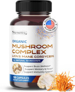 Organic Mushroom Complex With Lion'S Mane, Cordyceps & Turkey Tail  Brain, Memory & Immune Support  180 Capsules (6-Month Supply)