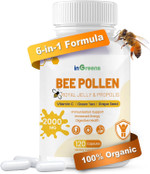 Organic 6-In-1 Bee Pollen Supplement - 2000Mg Per Serving - Bee Pollen For Women & Men - Superfood For Immune & Energy Support - Non-Gmo, Made In Usa - 120 Capsules