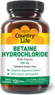 Country Life Betaine Hydrochloride With Pepsin, 600Mg, 100 Tablets, Certified Gluten Free