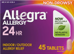 Allegra Adult 24-Hour Allergy Relief Tablets, Non-Drowsy Indoor And Outdoor Allergy Medicine, 180 Mg Fexofenadine Hci Antihistamine Pill, 45-Count